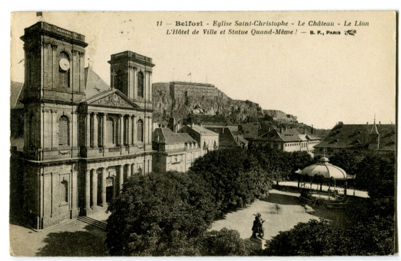 Carte postale ancienne Territoire-de-Belfort Belfort Eglise Saint-Christophe Le Château Le Lion à Belfort