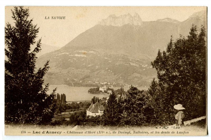 Carte postale ancienne Haute-Savoie Lac d'Annecy  Château d'Héré et de Duingt Talloires animé à Annecy