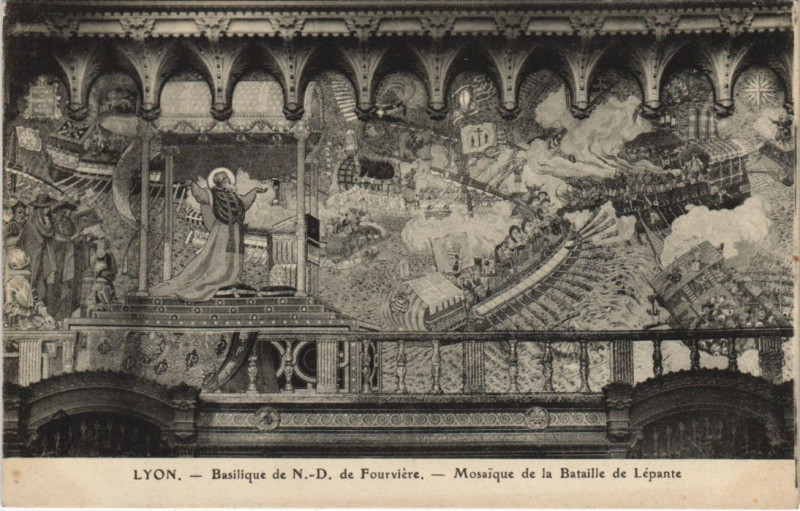 Carte postale ancienne Lyon Basilique de N.d. de Fourviere Mosaique Bataille de Lepante à Lyon