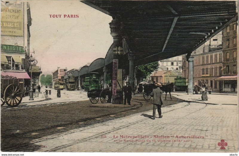 Carte postale ancienne Le Métropolitain - Station Aubervilliers et le rond-point de la Villette à Paris 10e
