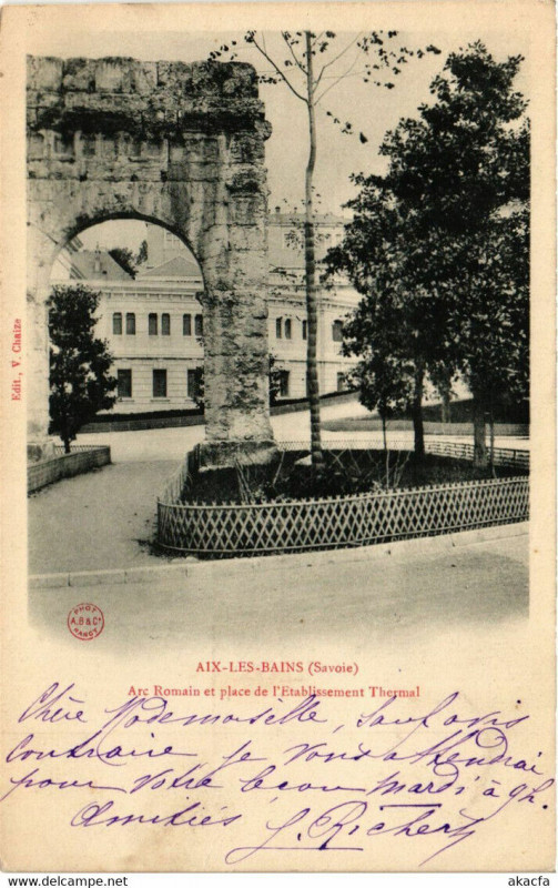 Carte postale ancienne Aix-les-Bains - Arc Romain et place de Etabl à Aix-les-Bains