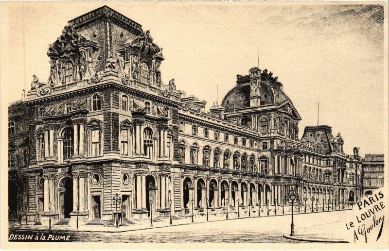 Carte postale ancienne Dessin a la plume Paris Le Louvre