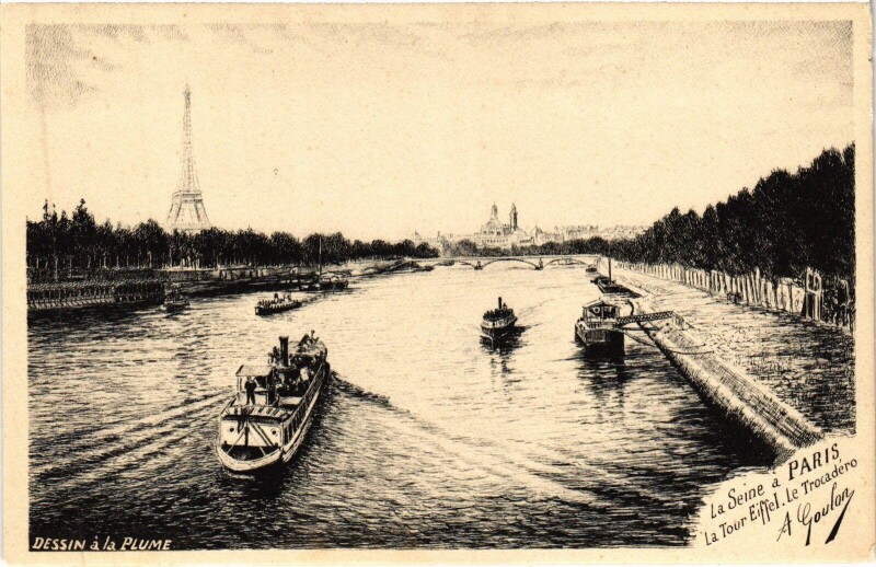 Carte postale ancienne Dessin a la plume Paris La Seine
