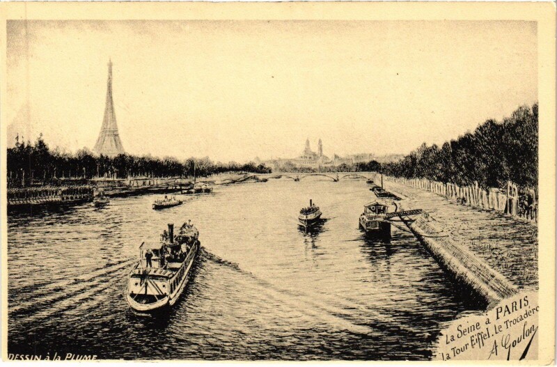 Carte postale ancienne Dessin a la plume Paris La Seine