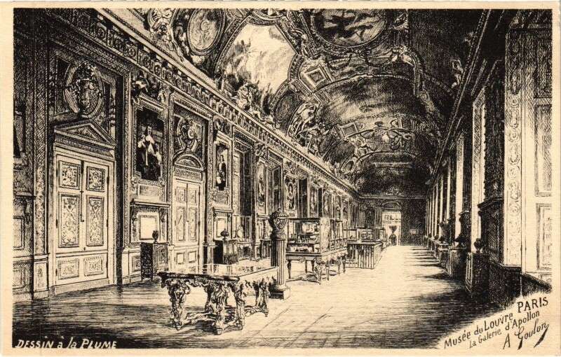 Carte postale ancienne Dessin a la plume Paris Musee du Louvre
