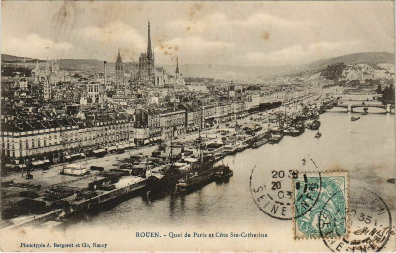 Carte postale ancienne Rouen - Quai de Paris et cote Sainte-catherine à Rouen