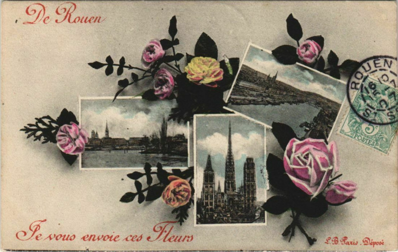 Carte postale ancienne Rouen - le vous envoie ces fleurs à Rouen