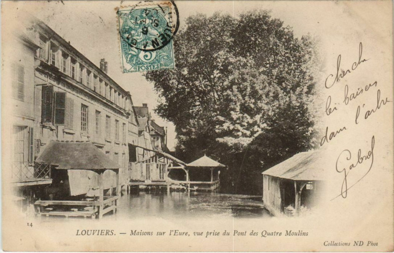 Carte postale ancienne Louviers Maison sur l'Eure - Vue prise du Pont des Quatre Moulins à Louviers