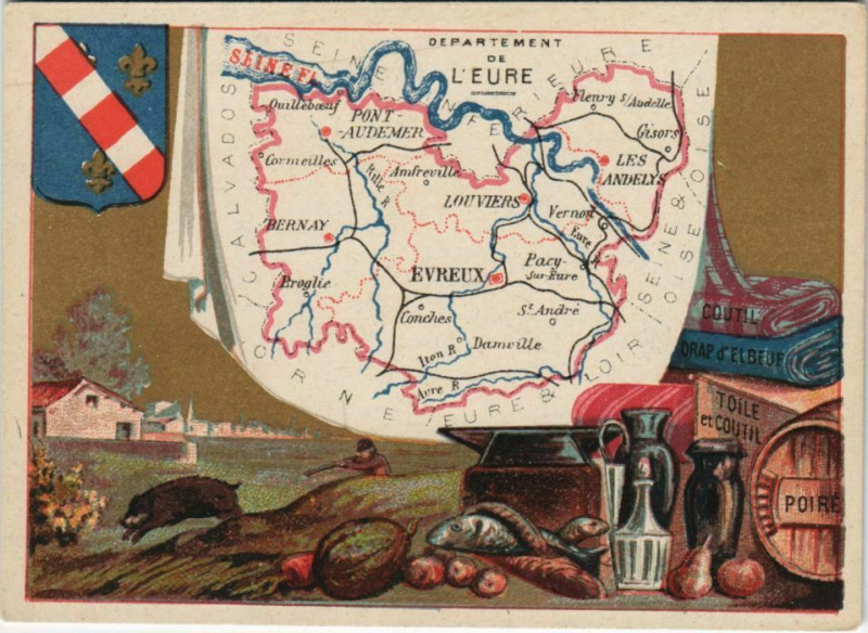 Carte postale ancienne Departement de l'Eure - Map - Crest - Products