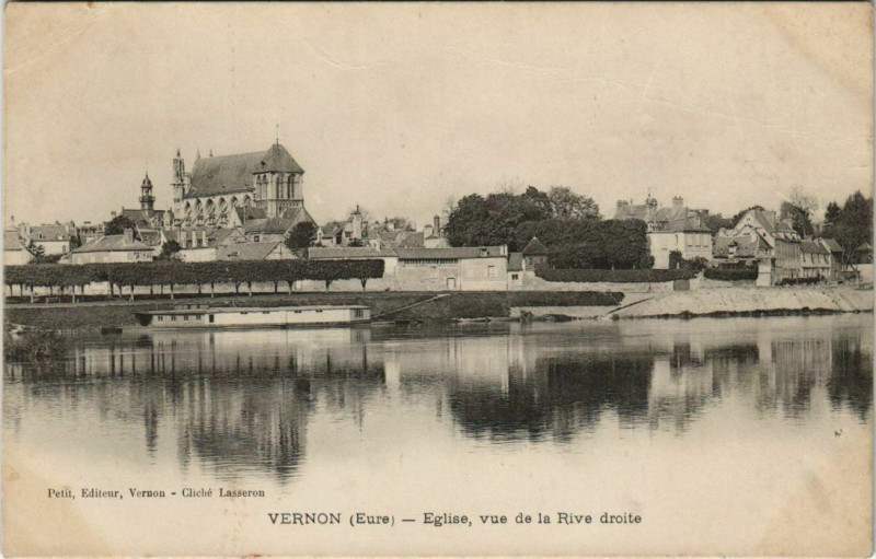 Carte postale ancienne Vernon Eglise - Vue de la Rive Droite à Vernon