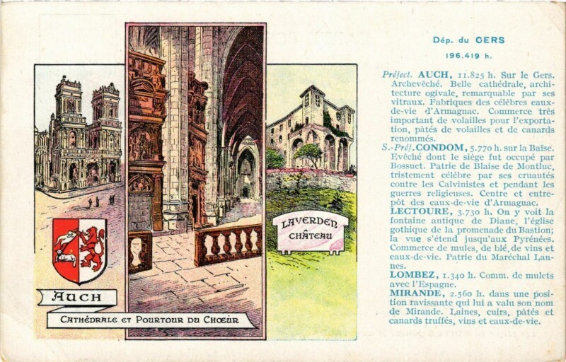 Carte postale ancienne Dép du Gers - Auch-Condom-Lectoure-Lombez-Mirande à Auch
