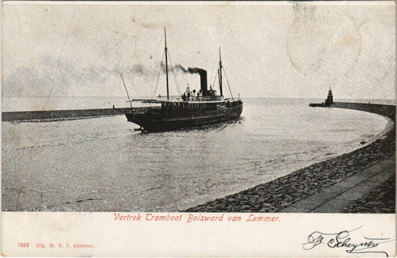 Carte postale ancienne Vertrek Tramboot Bolsward van Lemmer Ships