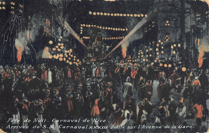 Carte postale ancienne Fete De Nuit Carnaval De Nice Arrivee Defile Avenue De La Gare à Nice