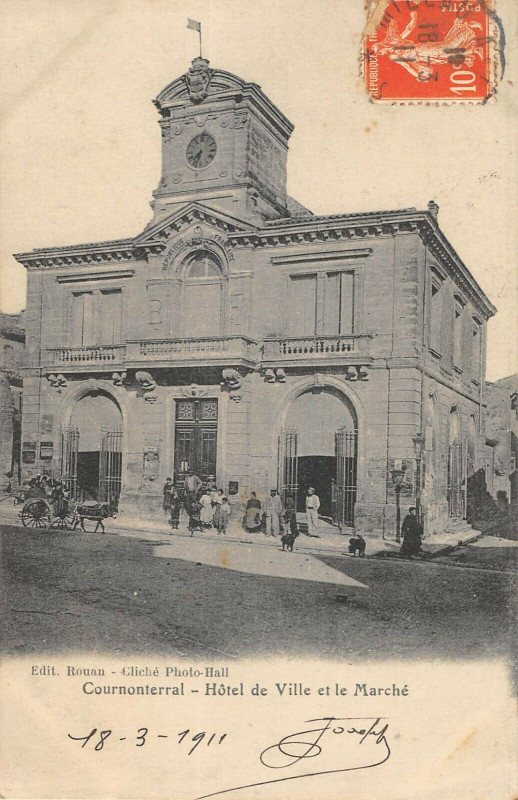 Carte postale ancienne Cournonterral Hotel De Ville Et Marche (cliché rare à Cournonterral