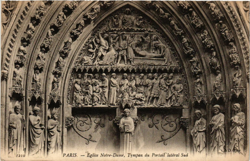Carte postale ancienne Paris 4e Eglise Notre Dame Tympan du Portail latéral sud à Paris 4e