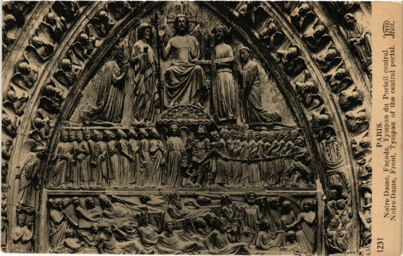 Carte postale ancienne Paris 4e Notre Dame Facade Tympan du Portail central. à Paris 4e