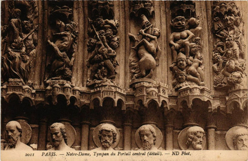 Carte postale ancienne Paris 4e Notre Dame Tympan du portail central à Paris 4e