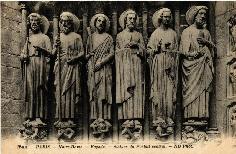 Carte postale ancienne Paris 4e Notre Dame Facade Statues du Portail central à Paris 4e