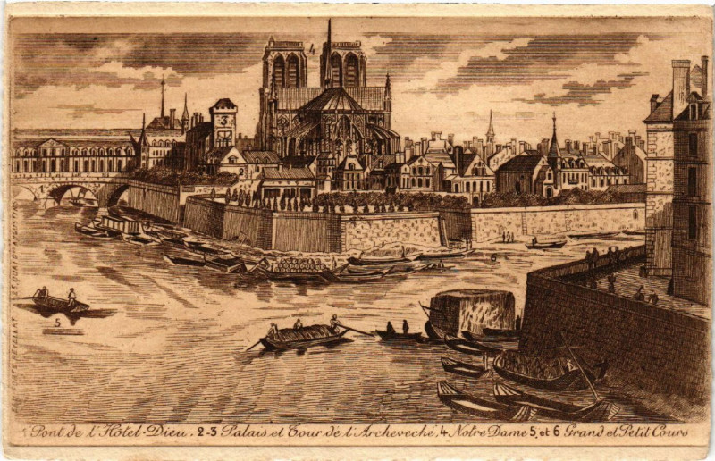Carte postale ancienne Paris 4e Pont l'Hotel Dieu. Palais et Tour l'Archevéché. N.-D. à Paris 4e