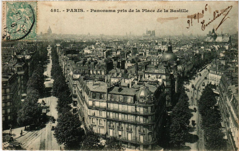 Carte postale ancienne Paris 4e Panorama pris de la Place de la Bastille à Paris 4e
