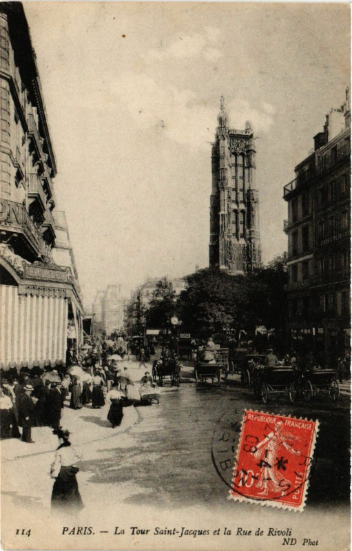 Carte postale ancienne Paris 4e La Tour Saint-Jacques la Rue de Rivoli à Paris 4e