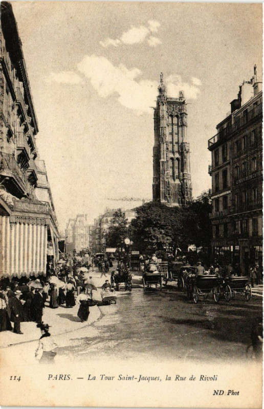 Carte postale ancienne Paris 4e La Tour Saint-Jacques la Rue de Rivoli à Paris 4e