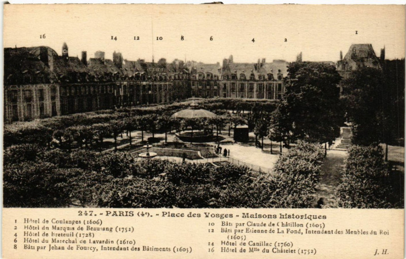 Carte postale ancienne Paris 4e Place des Vosges-Maisons historiques à Paris 4e