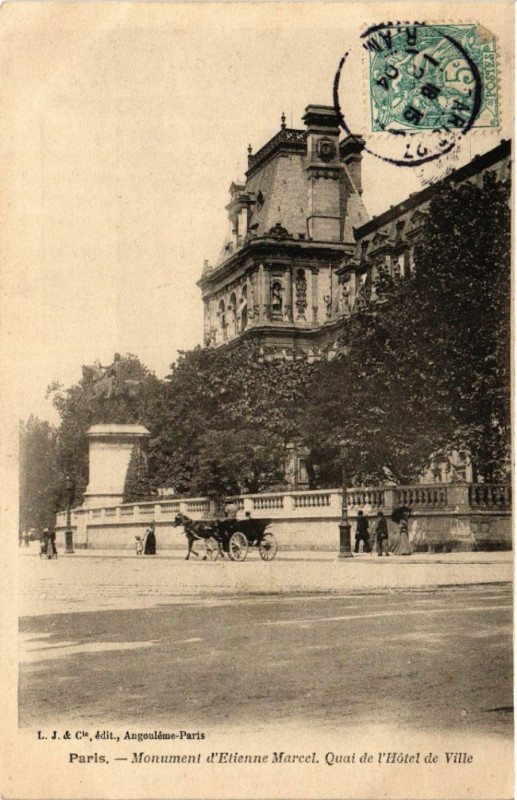 Carte postale ancienne Paris 4e Monument d'Etienne Marcel. Quai de l'Hotel de Ville à Paris 4e