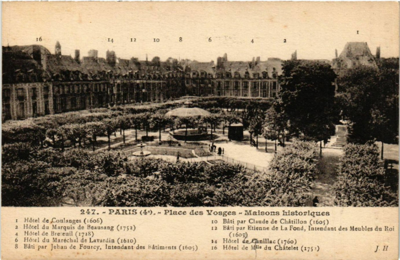 Carte postale ancienne Paris 4e Place des Vosges-Maisons historiques à Paris 4e