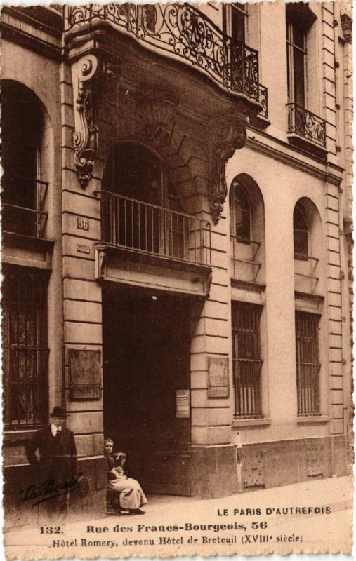 Carte postale ancienne Paris 4e Rue des Francs Bourgeois. Hotel Romery à Paris 4e