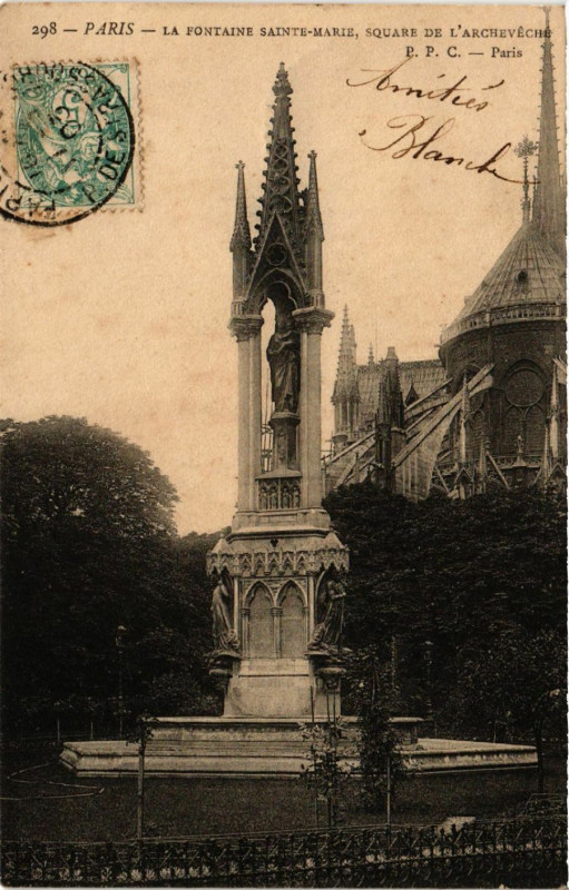 Carte postale ancienne Paris 4e La Fontaine Sainte-Marie Square de l'Archevéche à Paris 4e