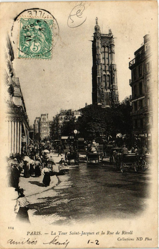 Carte postale ancienne Paris 4e La Tour Saint-Jacques et la Rue de Rivoli à Paris 4e