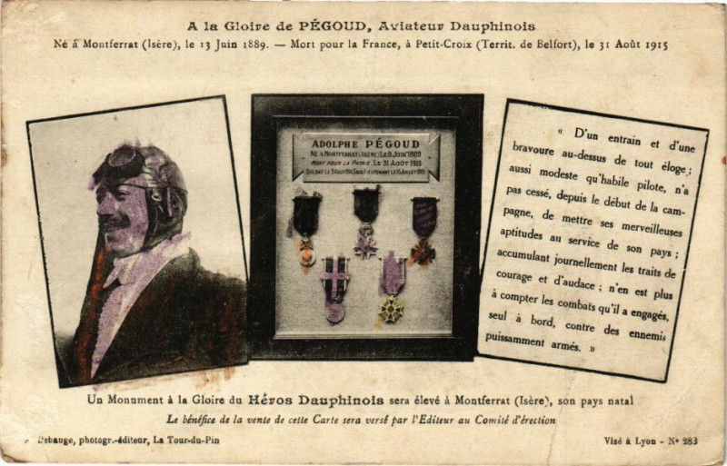 Carte postale ancienne A la gloire de Pegoud - Aviateur Dauphinois