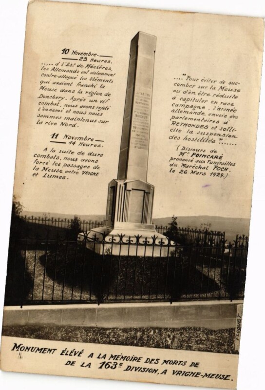 Carte postale ancienne Monument élévé a la memoire des morts de la 163e Division
