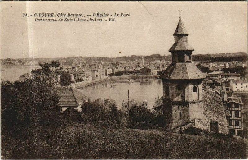 Carte postale ancienne Ciboure L'Eglise - Le Port - Panorama de Saint-Jen-de-Luz à Ciboure