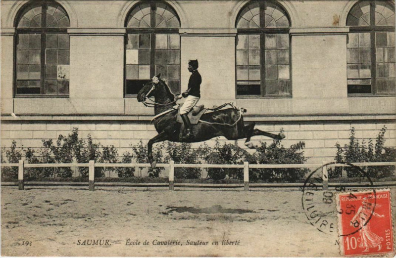 Carte postale ancienne Saumur Ecole de Cavaleire - Sauteur en Liberte à Saumur