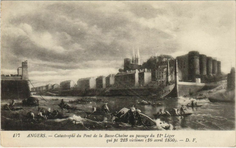 Carte postale ancienne Angers Catastrophe du Pont de la Basse-Chaine - 1850 à Angers