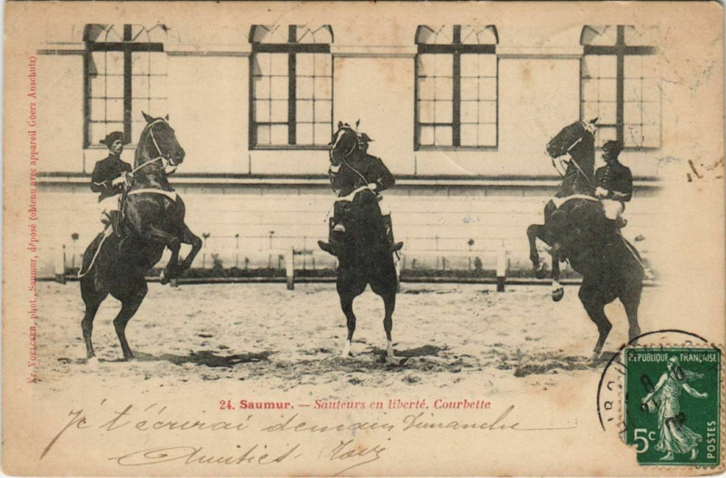 Carte postale ancienne Saumur Sauteurs en Liberte - Courbette à Saumur