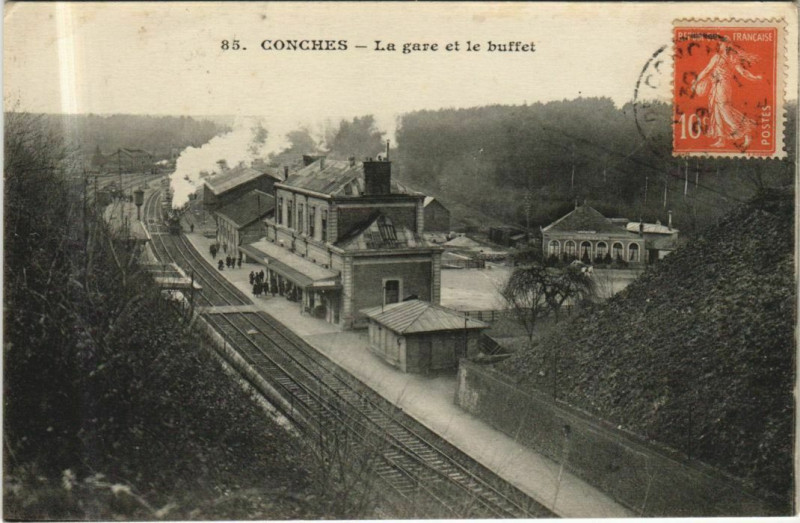 Carte postale ancienne Conches-en-Ouche La Gare et le Buffet à Conches-en-Ouche
