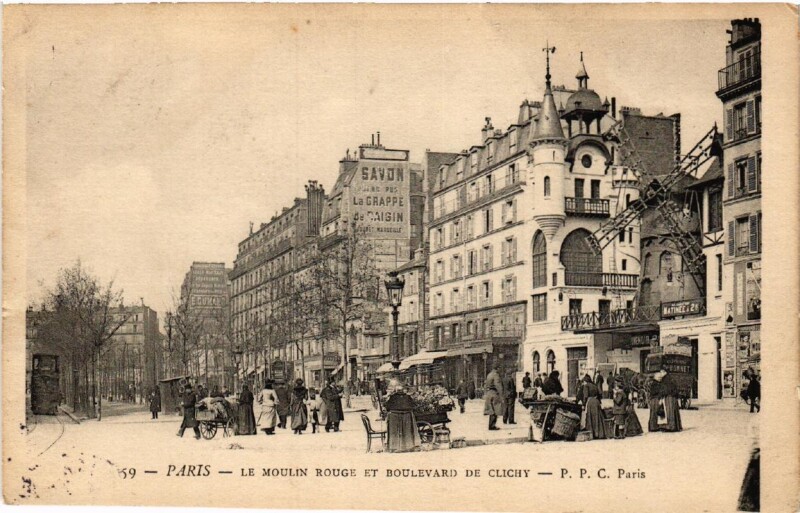 Carte postale ancienne Le Moulin Rouge et le Boulevard de Clichy à Paris 9e