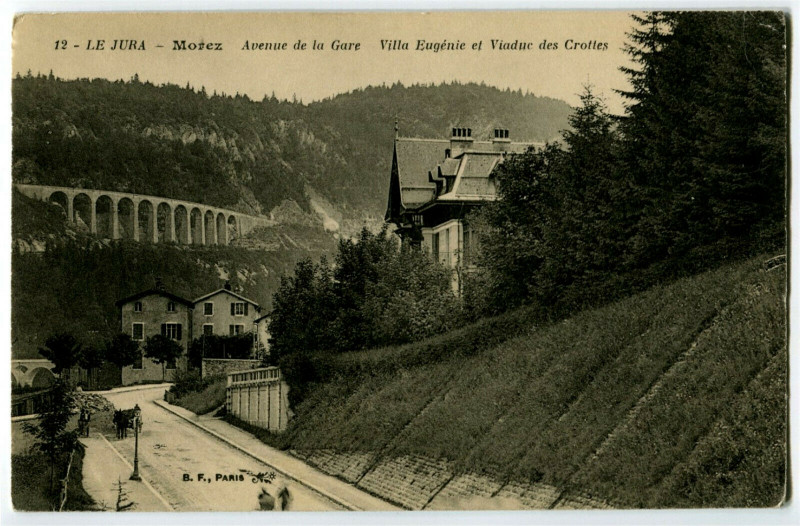 Carte postale ancienne Jura Morez Avenue de la Gare Villa Eugénie et Viaduc des Crottes animé