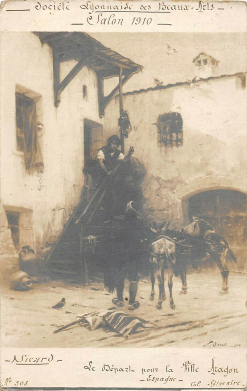 Carte postale ancienne Societe Lyonnaise Des Beaux Arts 1910 Sicard Le Depart La Ville Aragon à Lyon