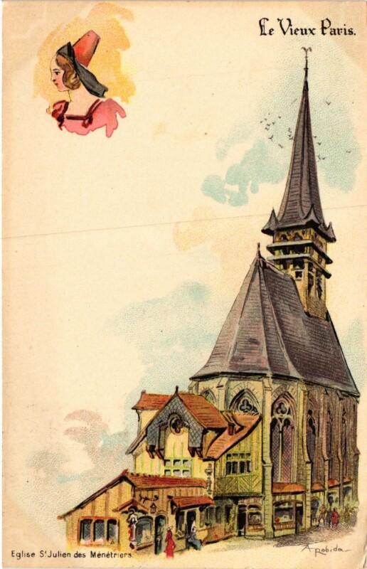Carte postale ancienne Paris Expo 1900 - Le Vieux Paris Eglise Saint-Julien des Ménétriers à Paris