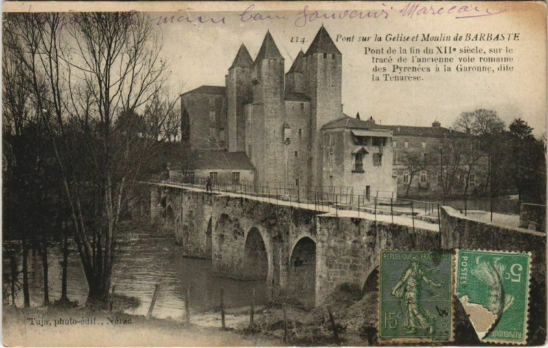 Carte postale ancienne Pont sur la Gelise et Moulin de Barbaste France à Barbaste