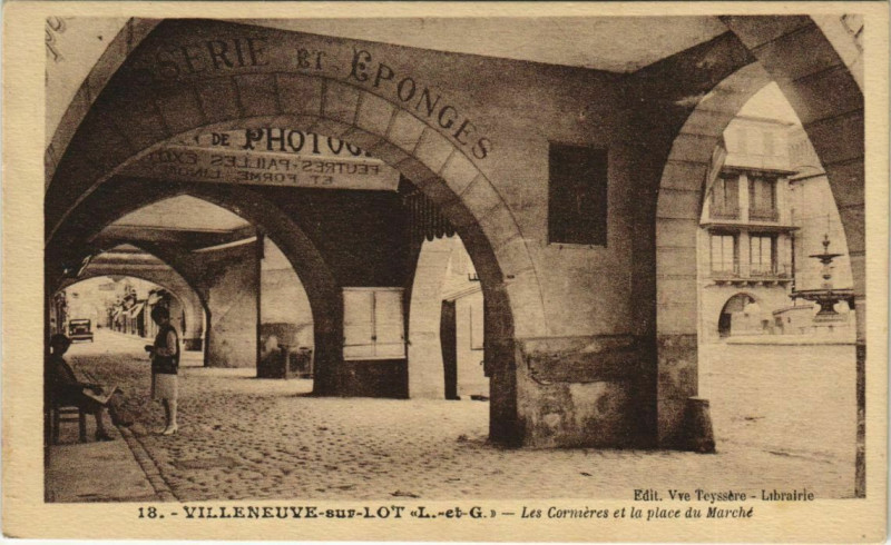 Carte postale ancienne Villeneuve sur Lot Les Cornieres et la place du Marche France à Villeneuve-sur-Lot