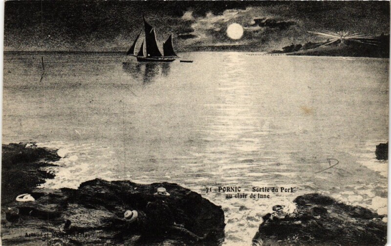 Carte postale ancienne Pornic - Sortie du Port au clair de lune à Pornic