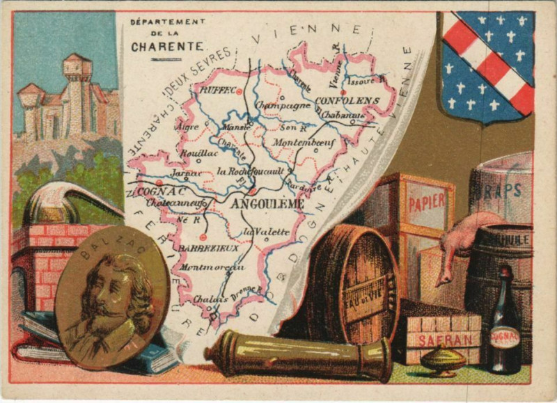 Carte postale ancienne Departement de la Charente - Map - Products - Small Card