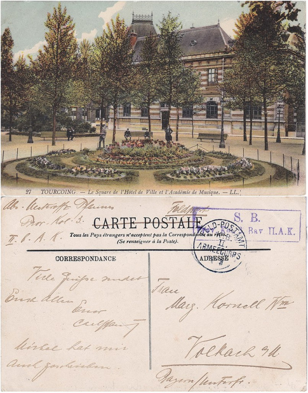 Carte postale ancienne 27. Tourcoing. — Le Square de l'Hôtel de Ville et l'Académie de Musique. – Ll v°-r° à Tourcoing