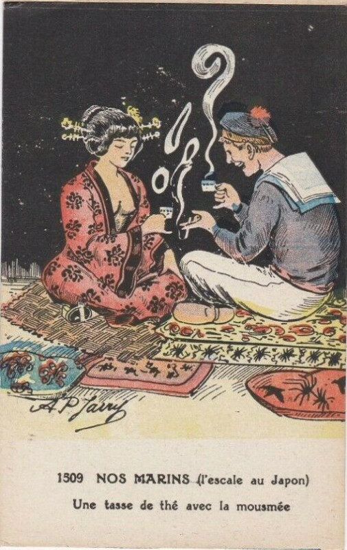 Carte postale ancienne Nos Marins (l'escale au Japon) Une tasse de thé avec la mousmée - by A. P. Jarry - French postcard ca. 1905