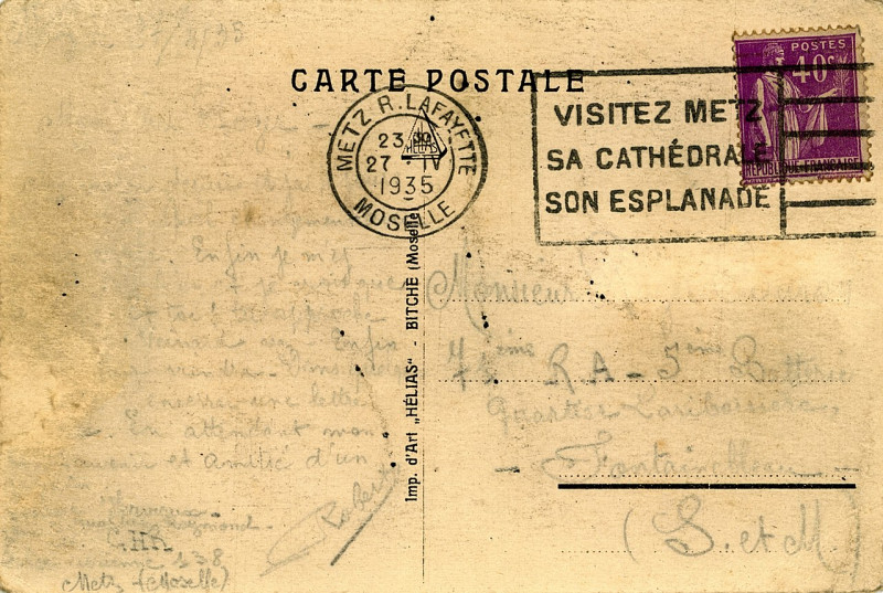 Carte postale ancienne Metz Postmark 1935 à Bitschhoffen
